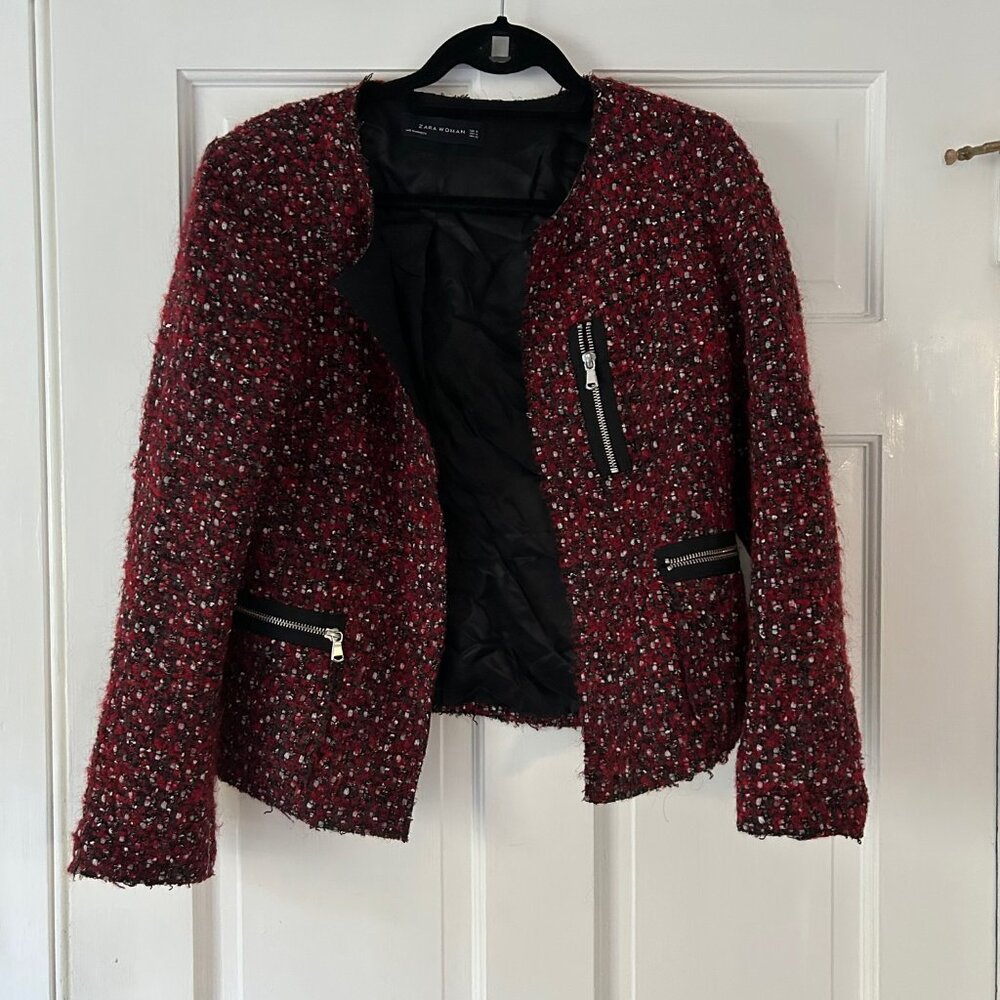 Zara Jacket Blazer Tweed Raw Hem Jacket in Red White & Black,  Women’s Size XL